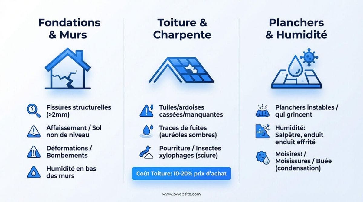 Schéma des points d'inspection structurels d'une maison ancienne : fissures, toiture et humidité